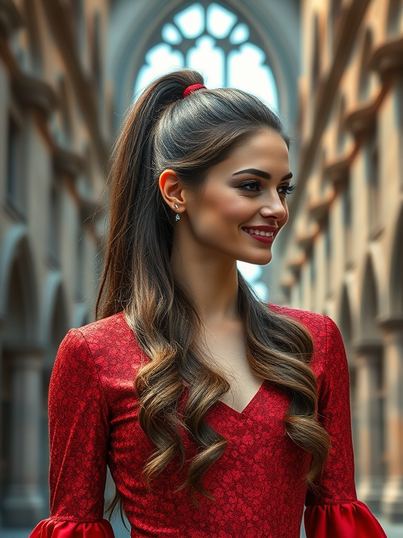 AI-generated image of a woman with long wavy brown hair in a high ponytail, front view, wearing a red shining dress, smiling with a blurred street view in the background.