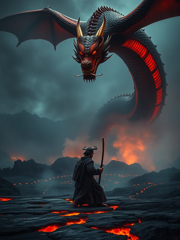 Epic Samurai and Dragon Showdown in Fiery Volcanic Landscape 1 A Japanese samurai kneels in reverence on a volcanic landscape, with flowing lava and a smoky, misty atmosphere. Above him, a massive dragon with glowing orange and red scales hovers, its wings outstretched and eyes glowing. The samurai, wearing traditional armour, holds a katana and bows in respect toward the dragon. The scene is set in a dramatic, fiery environment with distant, fog-covered mountains.