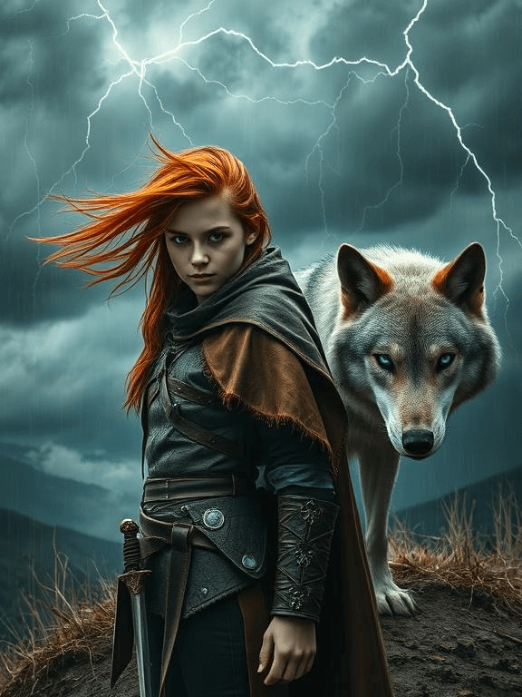 Girl & wolf A fierce teenage girl and silver wolf with glowing eyes standing on a stormy hilltop, lightning illuminating misty valleys, hyper-realistic fantasy art.