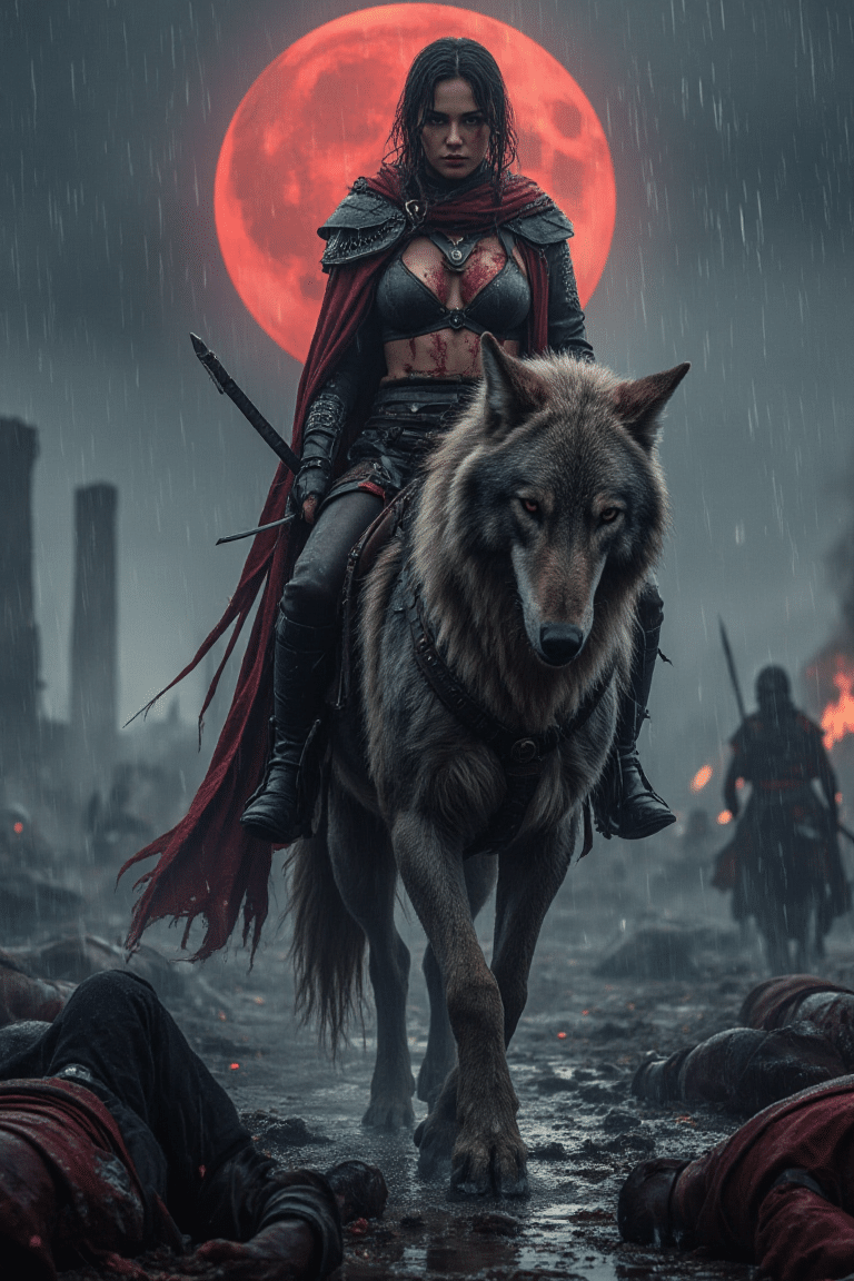 fantasy-warrior-woman-battle-scarred-dirwolf