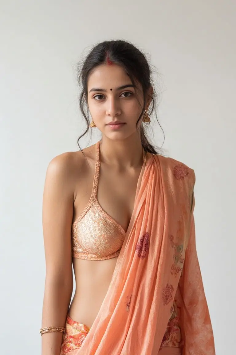 Young Indian woman in a draped saree with oiled skin, traditional jewelry, and a bindi, smiling softly against a white background.