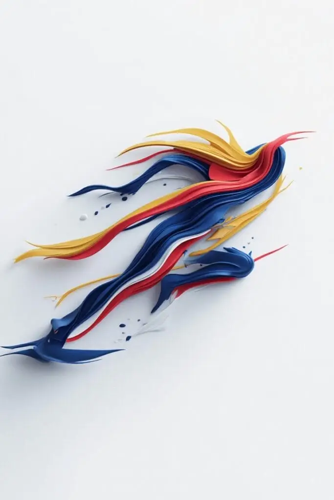 Abstract speed logo with layered blue, red, yellow, and white paint strokes creating a motion-inspired running shape. AI-generated