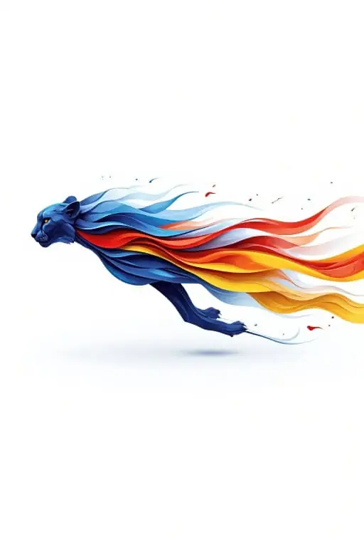 Abstract cheetah sprint logo with layered blue, red, yellow, and white strokes, showcasing motion and depth. Ai abstract logo.