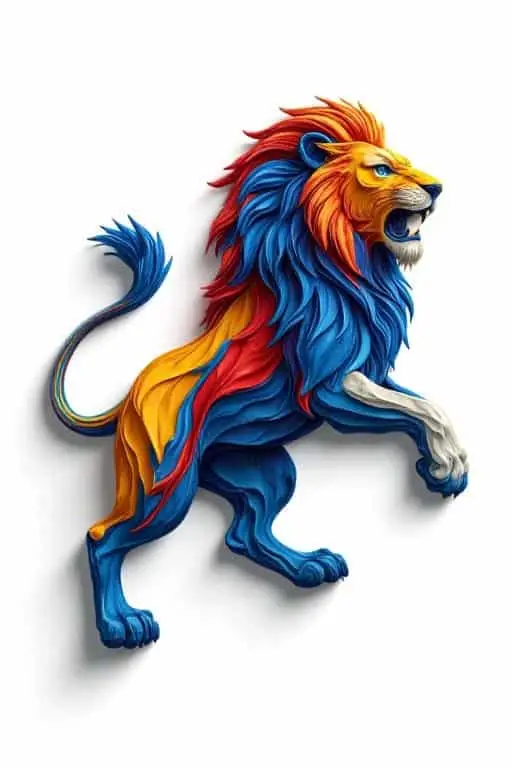 Abstract roaring lion logo with layered blue, red, yellow, and white strokes, symbolizing strength and motion. Ai Lion Image.