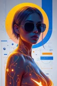 Abstract AI art illustration of a neon-lit cyberpunk woman with glowing golden, red, and blue hues, geometric patterns, and futuristic digital design on a gradient background.