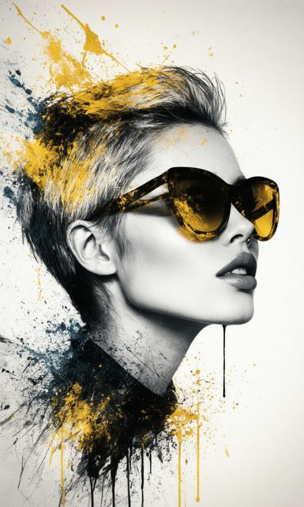 Stylized street art portrait of a fierce woman with short hair and gold-trimmed sunglasses emerging from bold gold, navy, and white paint splashes.