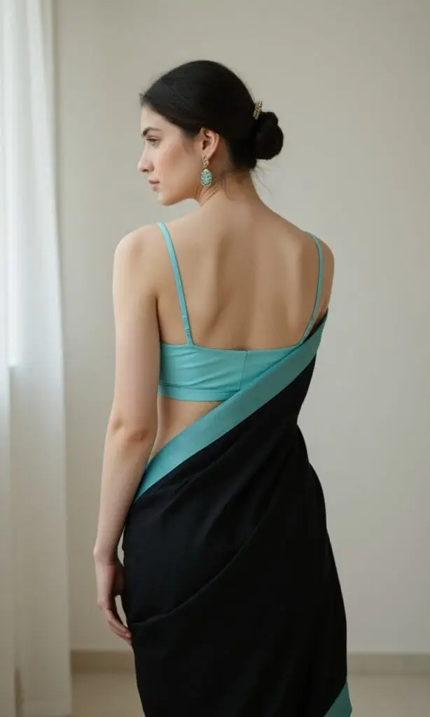 Back-view portrait of an Indian woman in a teal spaghetti-strap blouse and black sari with teal border, styled with an updo and statement earrings in a softly lit minimalist setting.