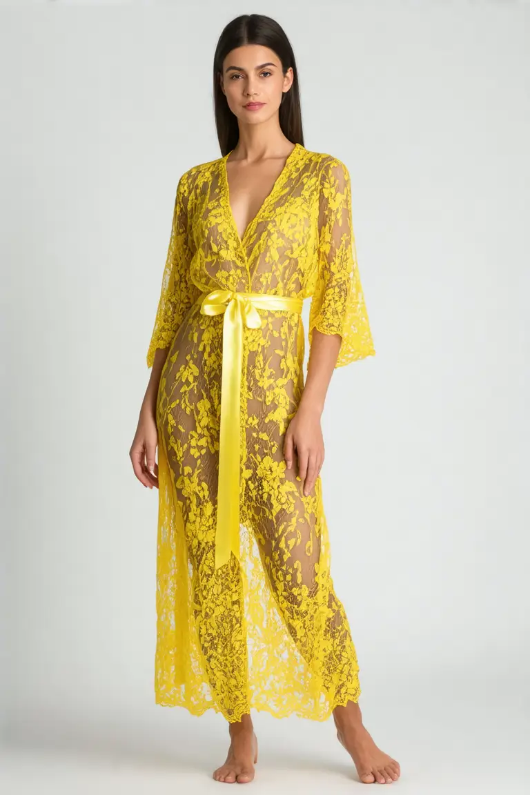 Woman in bright yellow sheer lace robe with satin belt and matching undergarments, elegant loungewear.