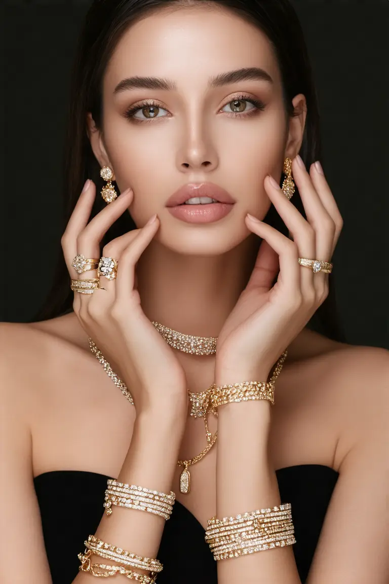 Woman in black strapless dress showcasing gold and diamond jewelry, hyper-realistic close-up portrait.