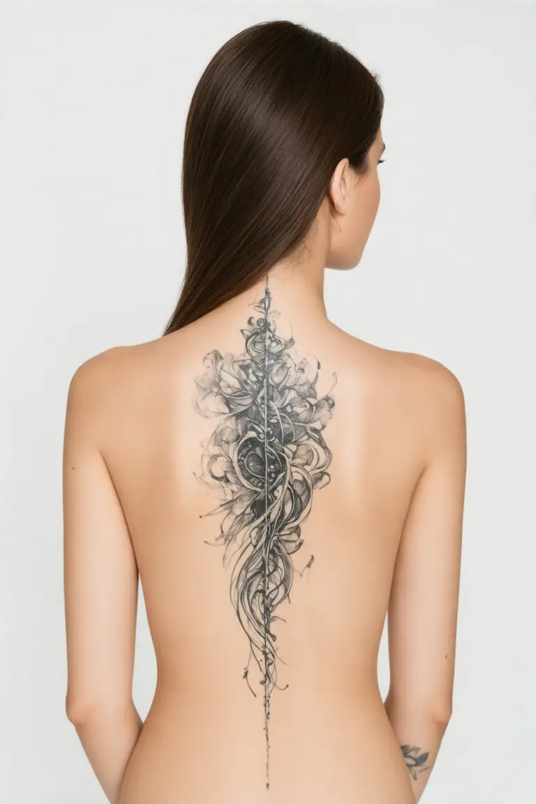 Woman’s back with symmetrical black and grey full-back tattoo, intricate shading, hair pulled up, soft studio lighting.