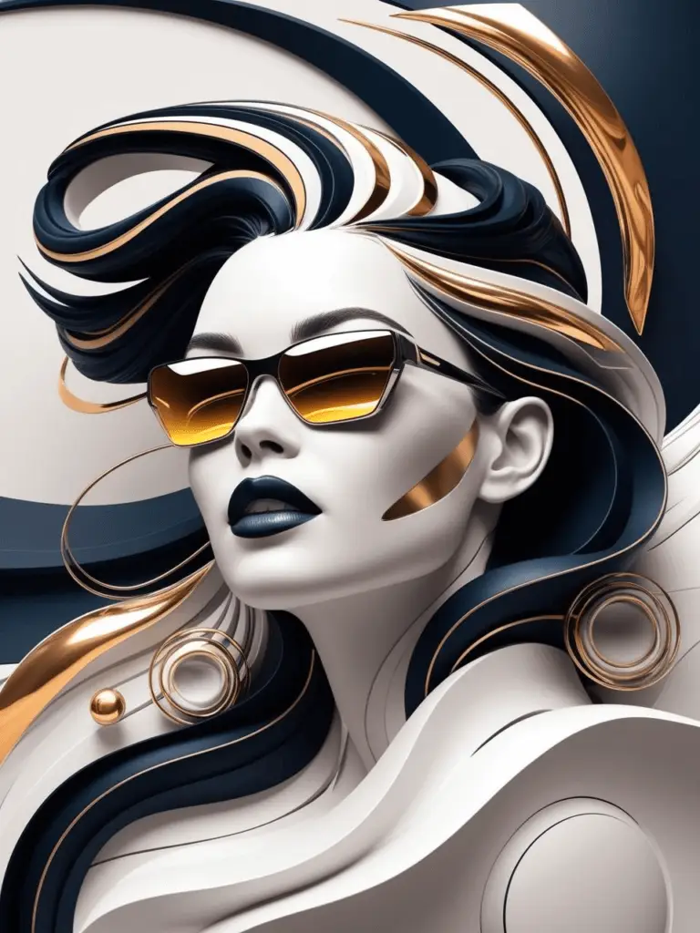 Abstract Futuristic Woman Portrait: Golden Sunglasses & Navy Art 1 Futuristic woman portrait with golden sunglasses, abstract navy and gold patterns, flowing hair merging into a neutral background. colourful layers art