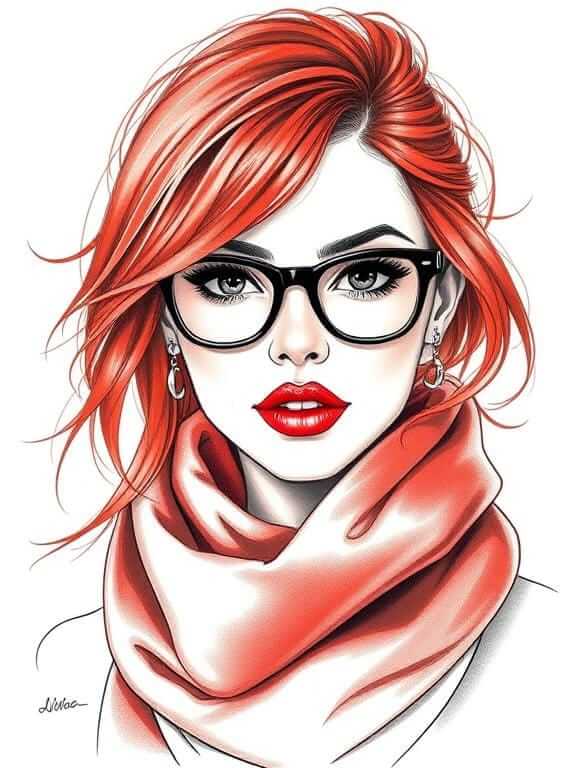 Pencil sketch illustration of a stylish woman with red hair, wearing a vibrant scarf and glasses, rendered with smooth gradients and elegant details.