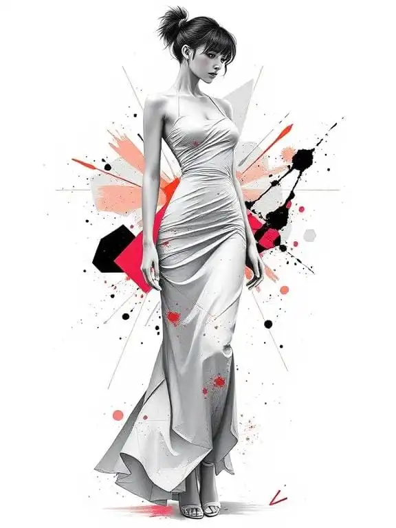 Digital abstract art of a bold-styled futuristic woman in a white maxi dress with geometric splashes.