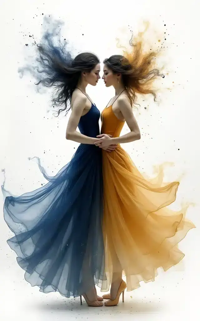 New generated Ai Image Abstract monochromatic female dancers in navy and gold with explosive splashes and Art Nouveau curves.