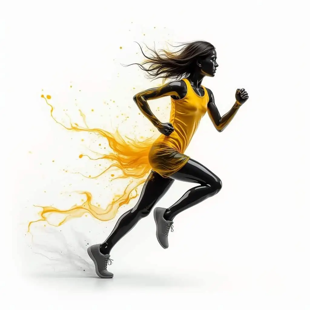 Abstract art of a running girl shape formed by golden, black, white, and yellow layered paint splashes, showing motion on a white background. AI-generated.