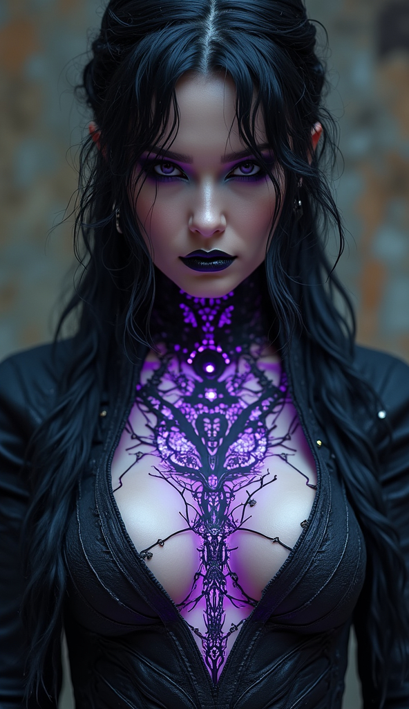 A hyper-realistic portrait of a gothic cyberpunk shaman art with glowing biomechanical FLUX sigils on her chest, wearing a liquid-metal trench coat and necromantic tech, set in a dystopian neon-lit necropolis.