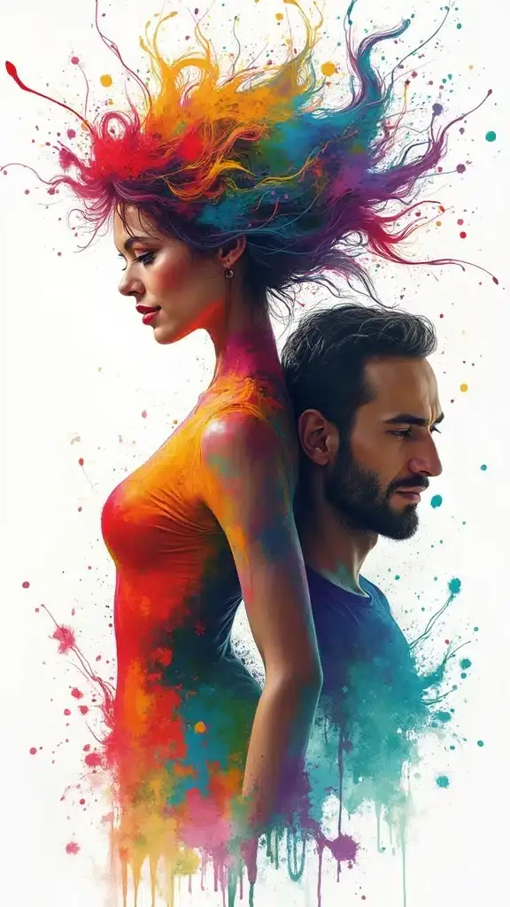 Abstract painting of a confident woman and charismatic man with vibrant colors and dynamic patterns on a white background.