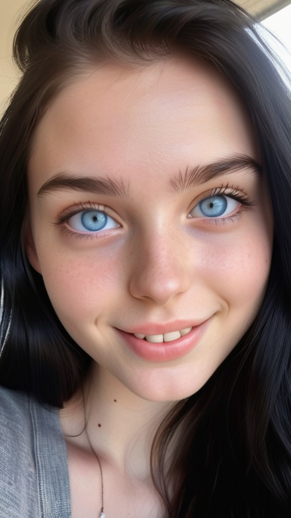 AI-generated hyper-realistic portrait of a young woman with sapphire-blue eyes and jet-black hair taking a casual selfie in soft daylight. She wears an oversized cream sweater, with a vintage mirror and potted plant in a cozy sunlit room. Smartphone distortion and lens flare add authenticity.