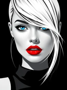Abstract black-and-white digital portrait of a fashionable woman with platinum hair, red lips, and blue eyes – Abstract Free AI Art Prompt.