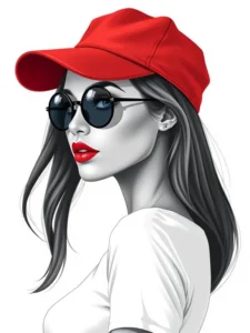 Abstract Free AI Art: AI-generated artwork of a fashionable woman in a white t-shirt, red cap, and black sunglasses against a white minimalist background.