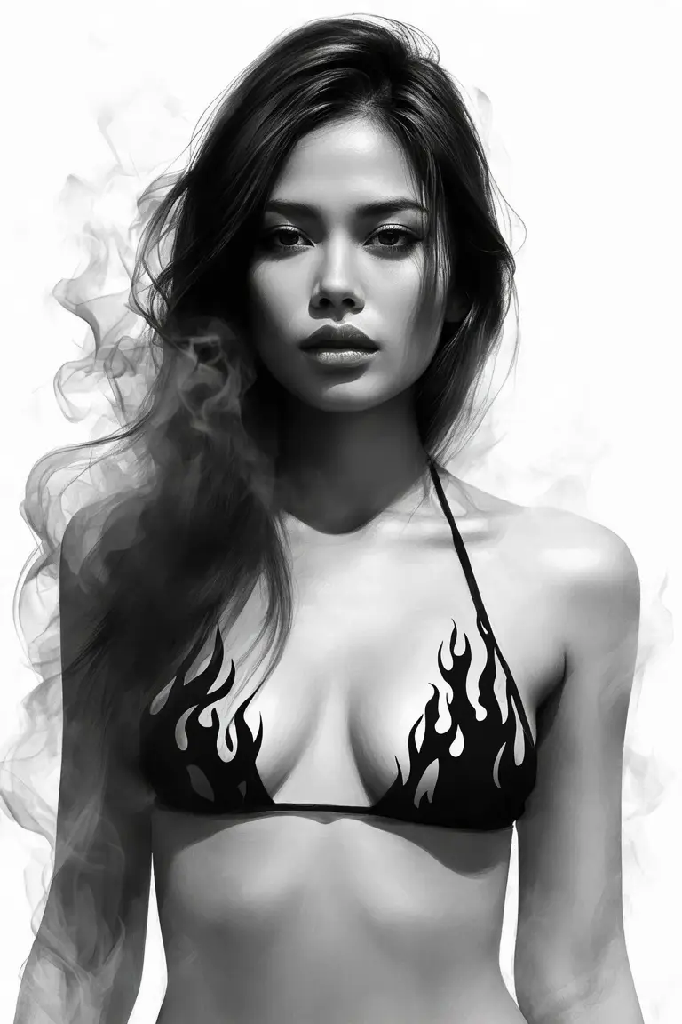 Grayscale digital painting of a woman in a bikini with flowing hair and smoky wisps against a white minimalist backdrop.