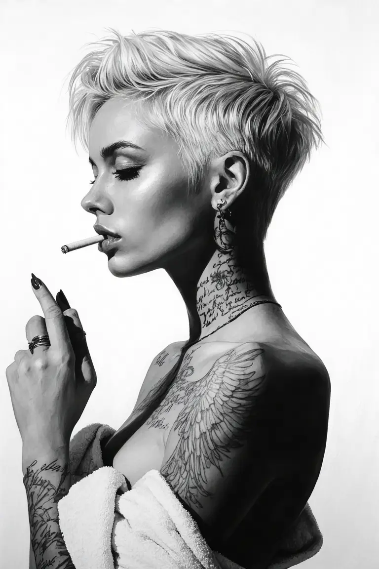 Abstract black and white digital art: Tattooed woman with platinum blonde undercut holding a cigarette, wrapped in a towel on a white background.