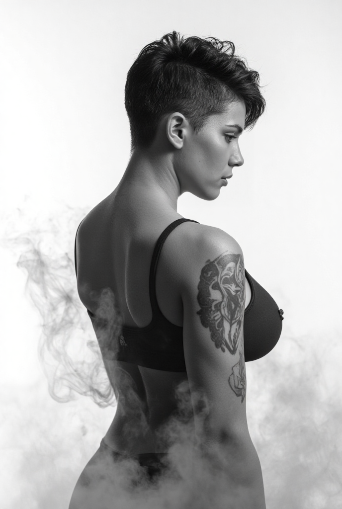 Side view of a powerful action heroine with short haircut, tattoos, and athletic top in dynamic pose, surrounded by soft smoke on white background.