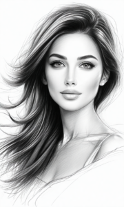 Detailed pencil sketch portrait of a woman with long flowing hair, showcasing photorealistic textures and depth through layered strokes on a minimalist background.