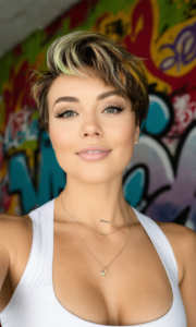 Confident woman with short selfie-style highlighted hair in a sports bra poses playfully against a colourful graffiti backdrop in a gym-like setting.