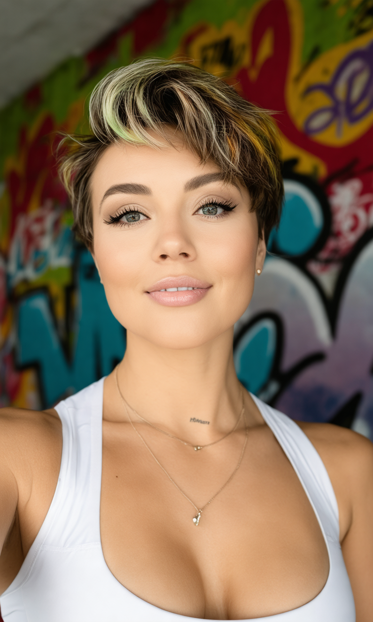 Confident woman with short selfie-style highlighted hair in a sports bra poses playfully against a colourful graffiti backdrop in a gym-like setting.