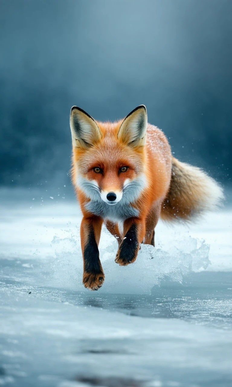 Red fox slipping on icy surface, fur rippling, glistening ice, overcast sky, front-facing cinematic view.