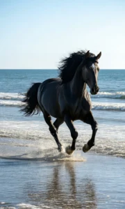 Photography Free AI Art Prompts: Black horse galloping on sandy beach, glossy coat, flowing mane, ocean waves, and motion-blurred sand under daylight.