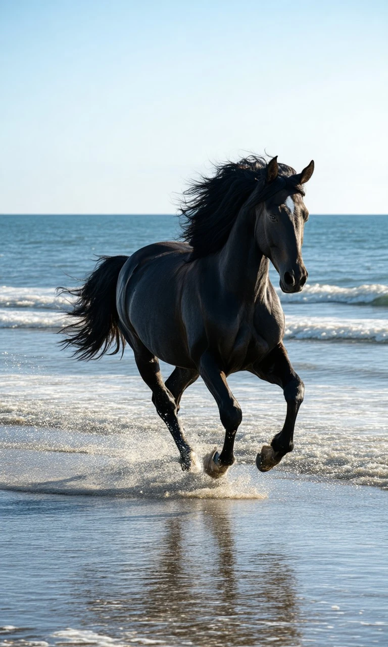 Photography ai image: Black horse galloping on sandy beach, glossy coat, flowing mane, ocean waves, and motion-blurred sand under daylight.