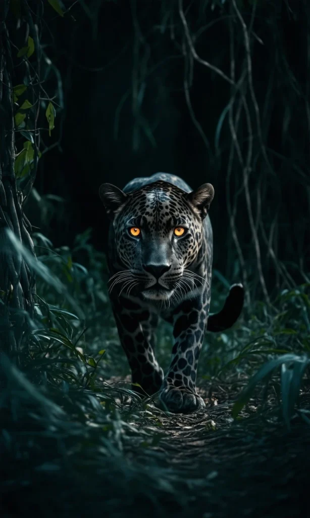 Midnight-Black Leopard Stalking in Jungle – Predatory Intensity in Hyper-Realistic Detail AI Dream Prompt 1 Black leopard stalking in jungle with glowing orange eyes, moonlit shadows, hyper-realistic fur details, and dense foliage.