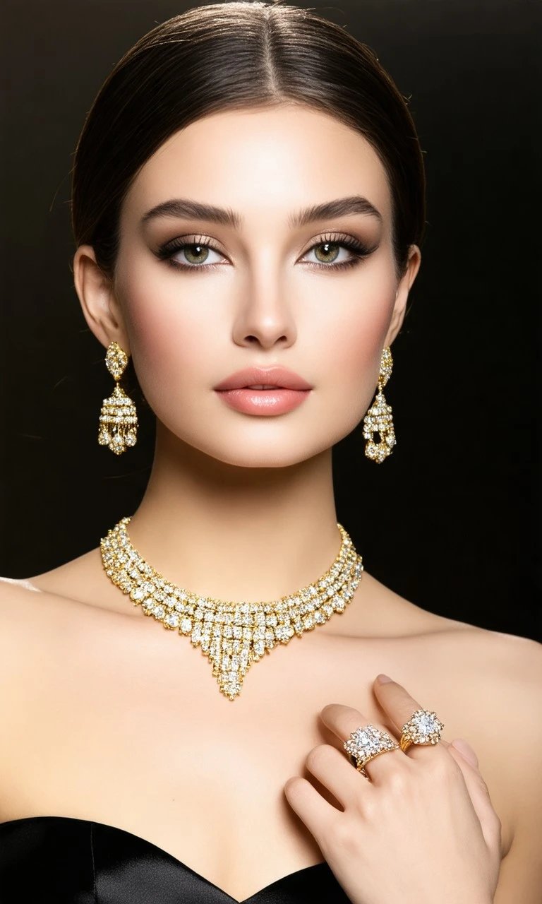 Diamond Jewellery Glamorous close-up portrait of a woman in a black strapless dress wearing gold and diamond jewelry, soft lighting accentuating flawless skin and opulent accessories