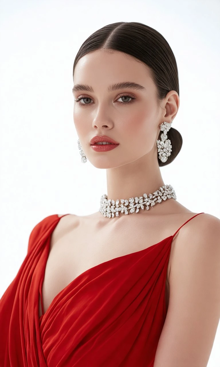 Confident model in a draped red party dress and luxury jewelry against a white background, soft lighting accentuating textures and modern sophistication