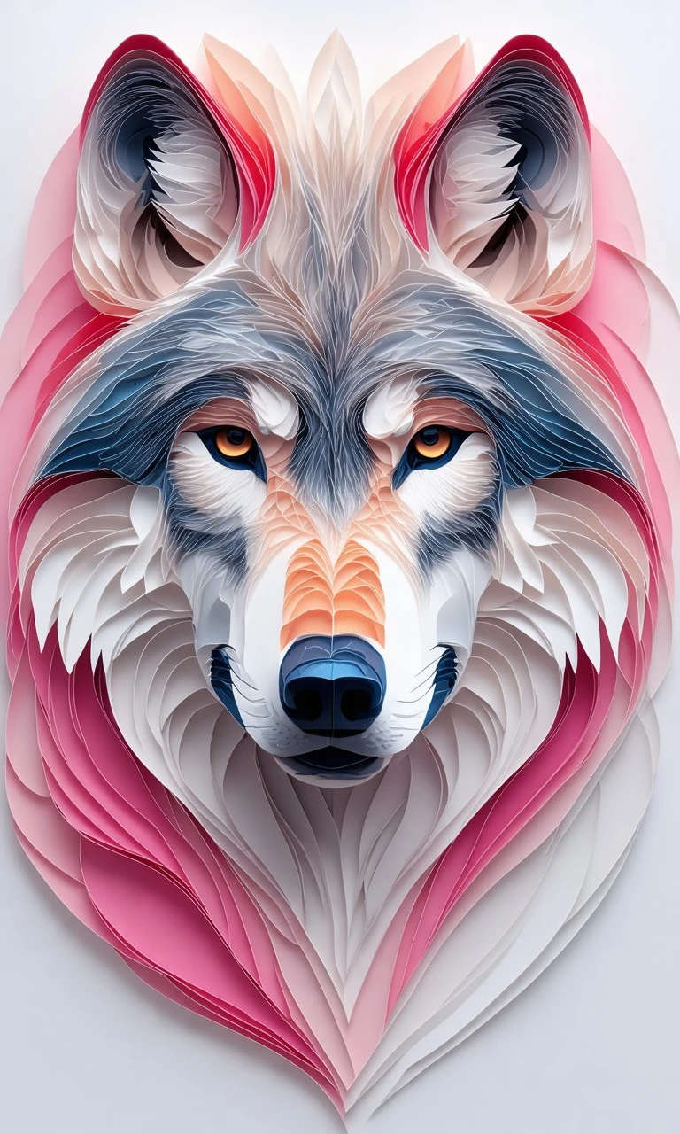 3D paper-cut wolf face with vibrant pink, white, and blue-gray feather textures, intense gaze against a dark minimalist background