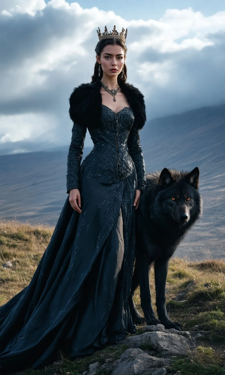 Regal queen with a black wolf on a windswept hill under a stormy sky, hyper-realistic cinematic lighting highlighting intricate attire and the wolf's intense gaze.