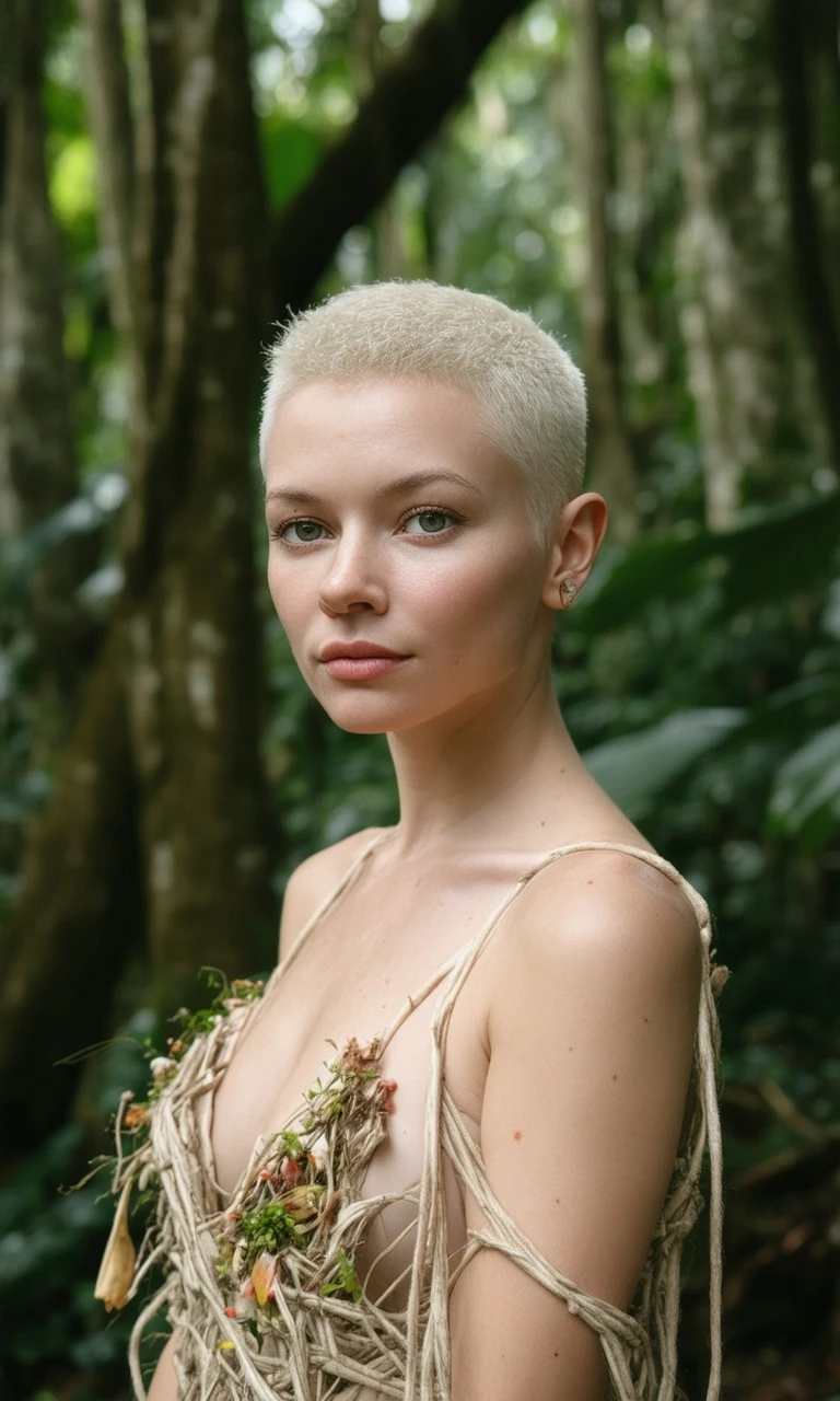 Blonde woman with nearly shaved hair in an organic floral dress, standing amidst lush jungle foliage under dappled sunlight. Ultra-detailed 8K photorealistic textures.