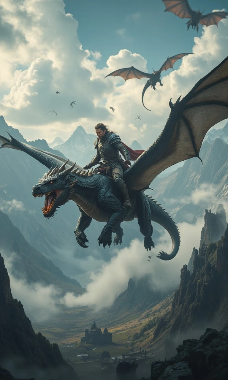 Dragon rider in battle-worn armor flies on fire-breathing dragon above stormy mountains and ancient ruins.