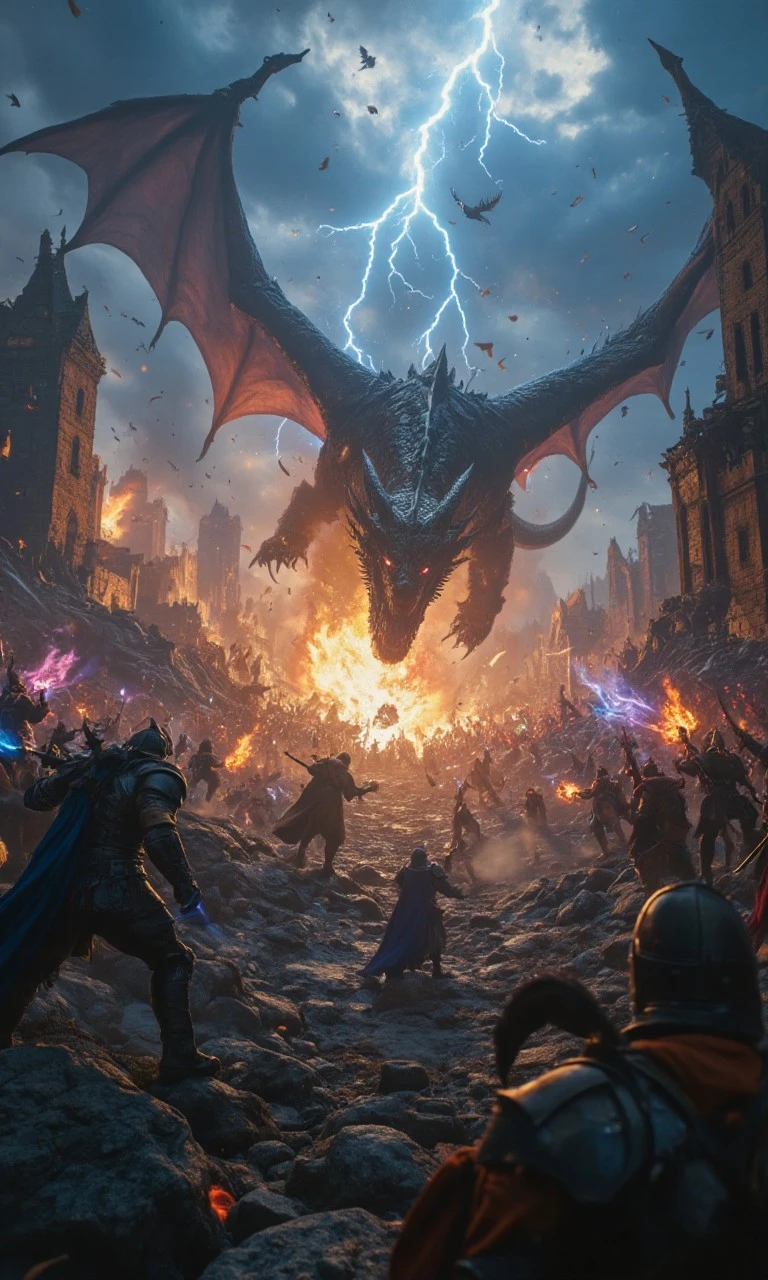 Epic fantasy battle scene with dragon, warriors, and mages clashing amid crumbling fortresses at dusk.