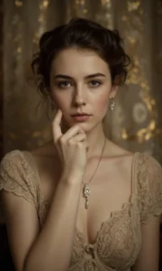 Portrait Free AI Art Prompts: Vintage portrait photography of a subject in lace-detailed attire against an art deco backdrop with soft sepia lighting.