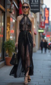 High fashion street style: A confident woman in an elegant dress walks through a bustling city street, flanked by blurred neon lights and luxury storefronts.