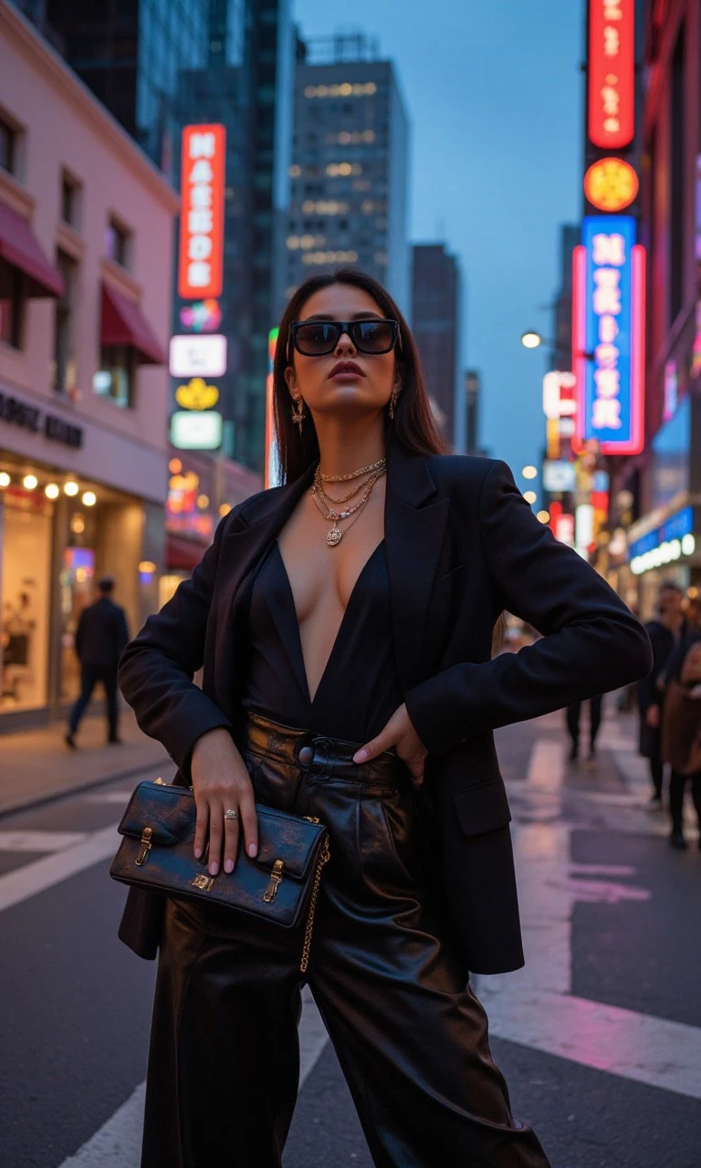 Urban chic fashion shoot: Confident woman in a structured blazer poses in a neon-lit urban setting with luxury boutiques and cinematic reflections.