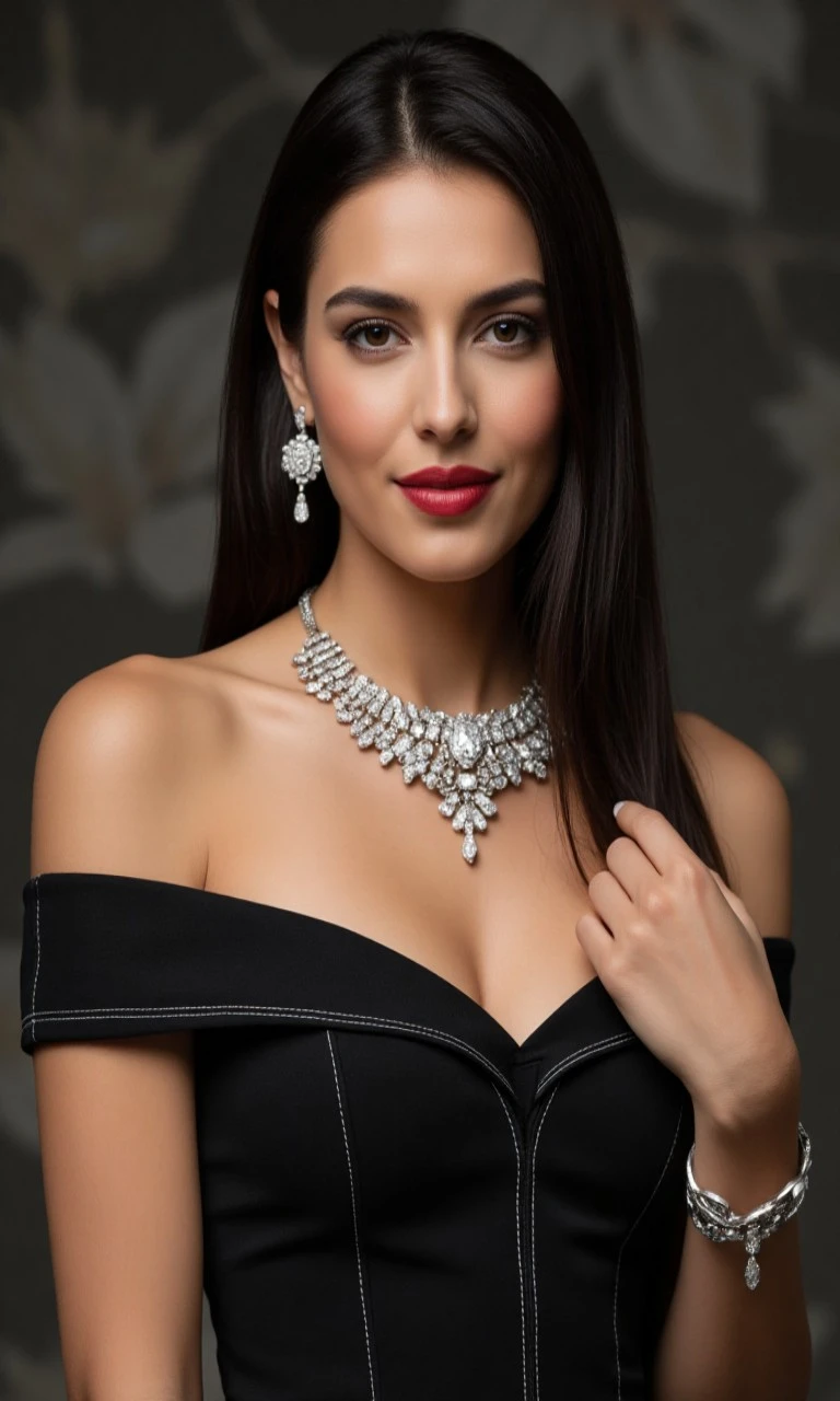 Luxury fashion portrait: Woman in a black off-shoulder dress with delicate white stitching poses elegantly, wearing statement diamond jewellery and bold red lipstick against a softly blurred background.