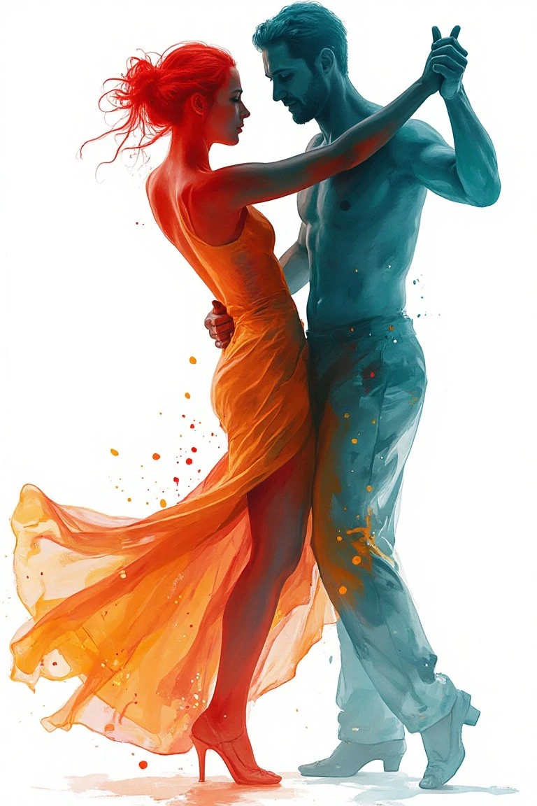 Abstract Free AI Art Image: Abstract couple dancing as vibrant crimson, teal, and saffron silhouettes with swirling brushstrokes, set against a minimal, emotive background.