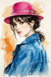Abstract Free AI Art: Watercolour portrait of a woman in a vintage hat and blue jacket, detailed with pencil lines and gold accents. Expressive orange splashes highlight the abstract, fashion-inspired backdrop.