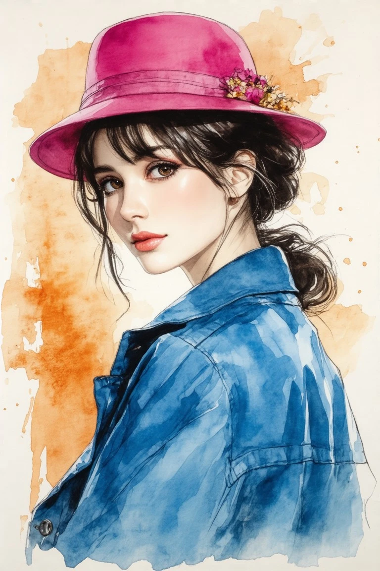 Abstract Free AI Art: Watercolour portrait of a woman in a vintage hat and blue jacket, detailed with pencil lines and gold accents. Expressive orange splashes highlight the abstract, fashion-inspired backdrop.