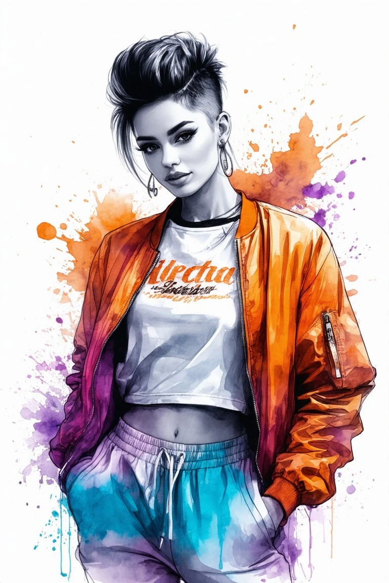 New Free AI Art: Woman in orange bomber jacket and joggers with undercut hairstyle, defined by ink outlines and watercolor splashes against a vibrant graffiti-inspired background.