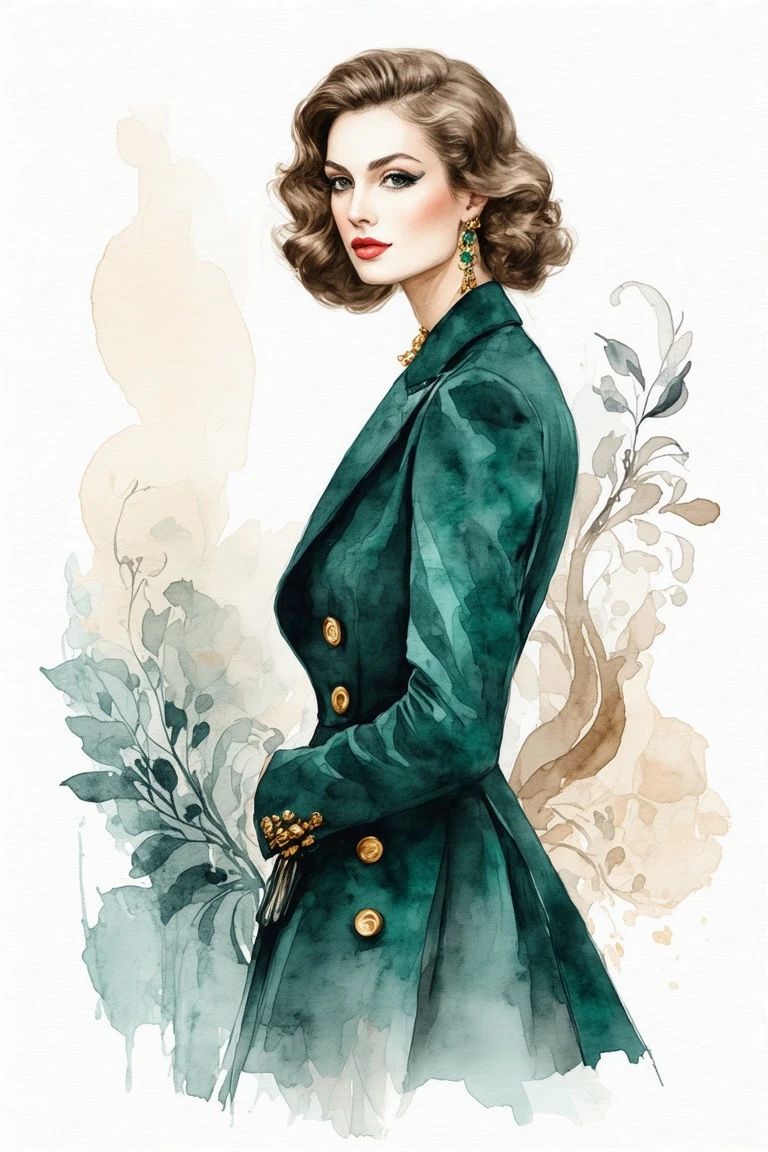 Vintage-inspired portrait art: Woman in 1920s-style blazer and skirt with art deco watercolor motifs, detailed with pencil lines and metallic gold accents.